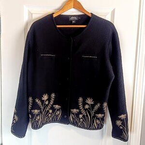 Vintage Icelandic Design Embroidered Wool Cardigan Sweater